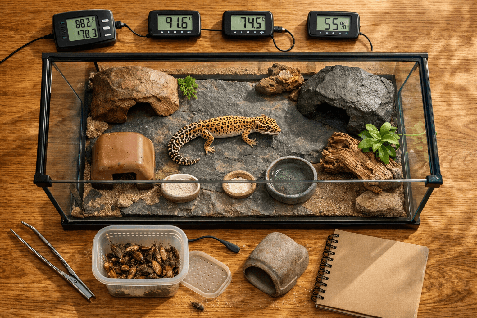 Overhead leopard gecko terrarium with hides, monitoring tools, feeders, and care supplies illustrating life expectancy of leopard gecko