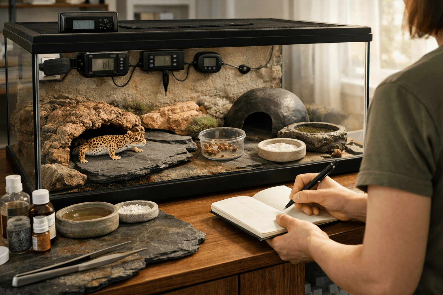 Keeper records leopard gecko care beside a clean terrarium with hides, dishes, monitoring equipment, and notes on life expectancy of leopard gecko.