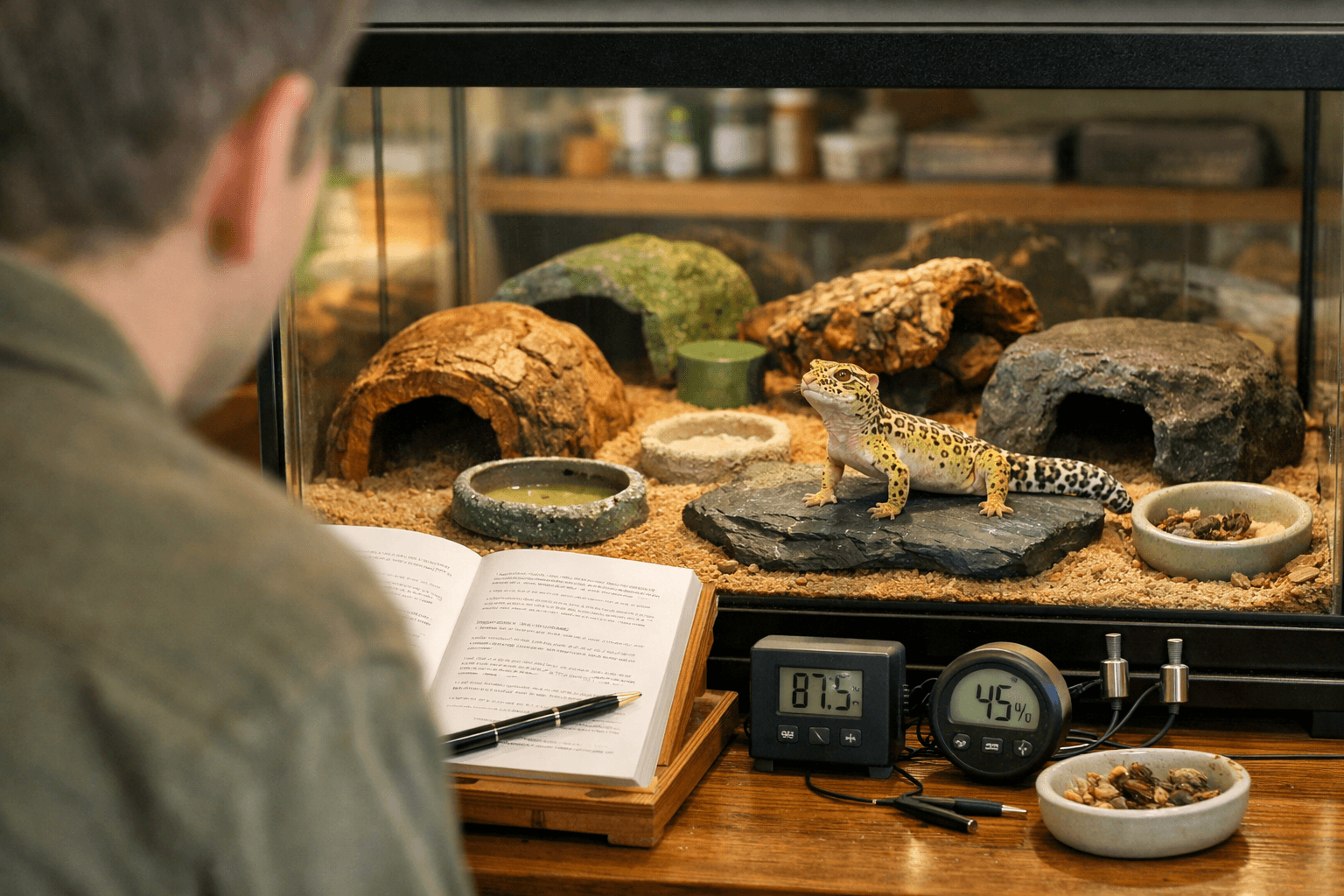 Keeper observes an alert leopard gecko in a stocked terrarium, with journal and tools nearby, researching life expectancy of leopard gecko