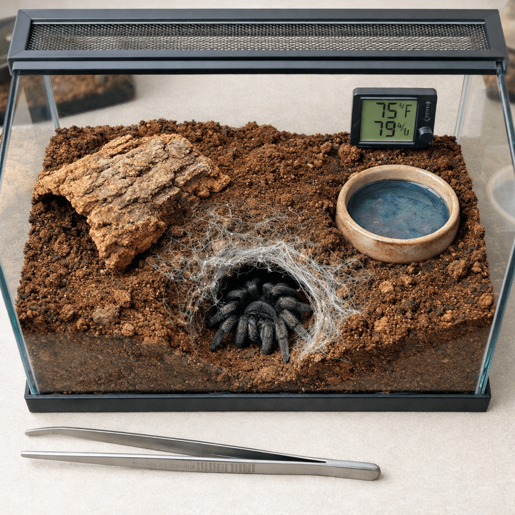 Overhead view of a tarantula in a deep, webbed burrow inside a glass terrarium with water dish, gauges, and tongs; tarantula enclosures.