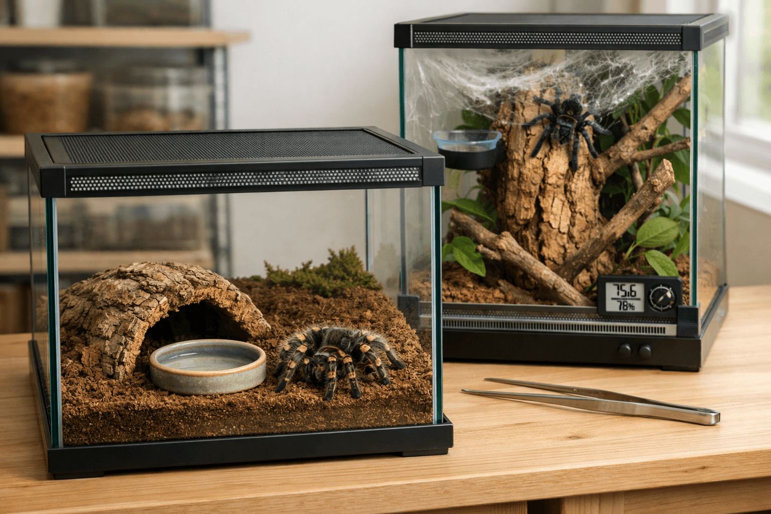 Two tarantula enclosures on a wooden workbench, showing terrestrial and arboreal habitats with live spiders, cork hides, dishes, and ventilation.