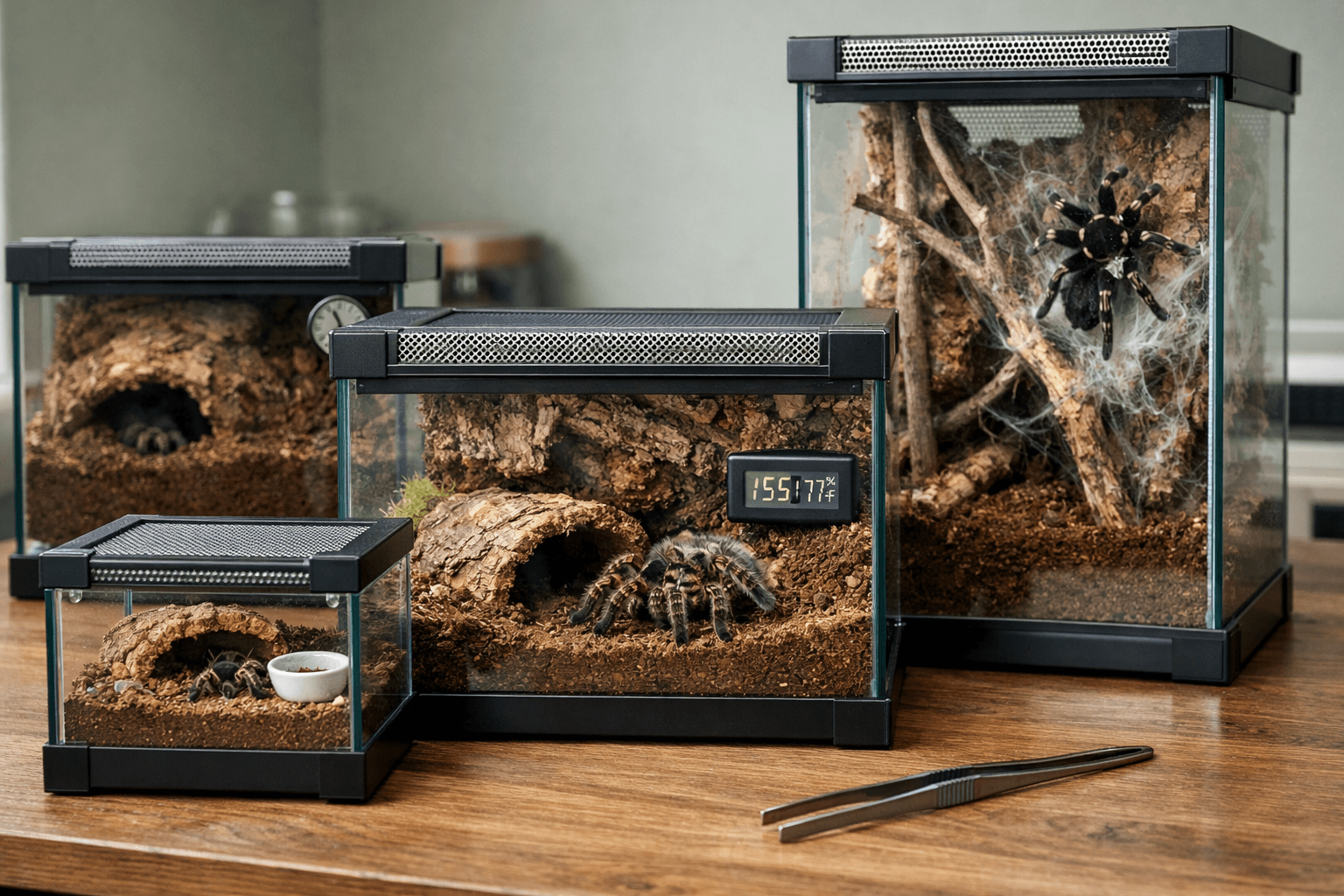 Life-stage tarantula enclosures show juvenile, terrestrial, arboreal, and fossorial habitats with hides, substrate, and gauges.