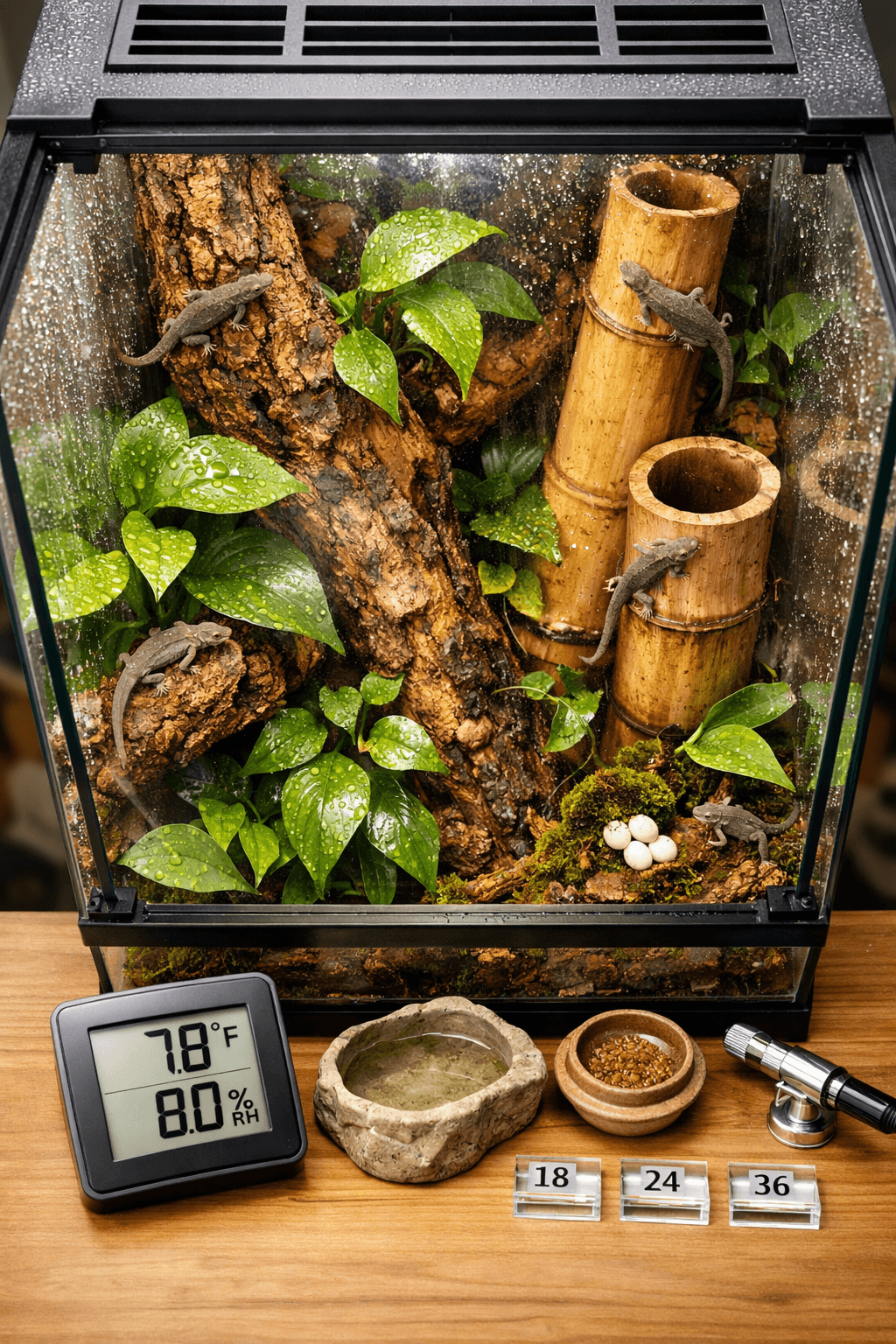Overhead view of a humid bioactive terrarium with mourning geckos, tropical plants, cork branches, eggs, and 78°F, 80% RH readings.