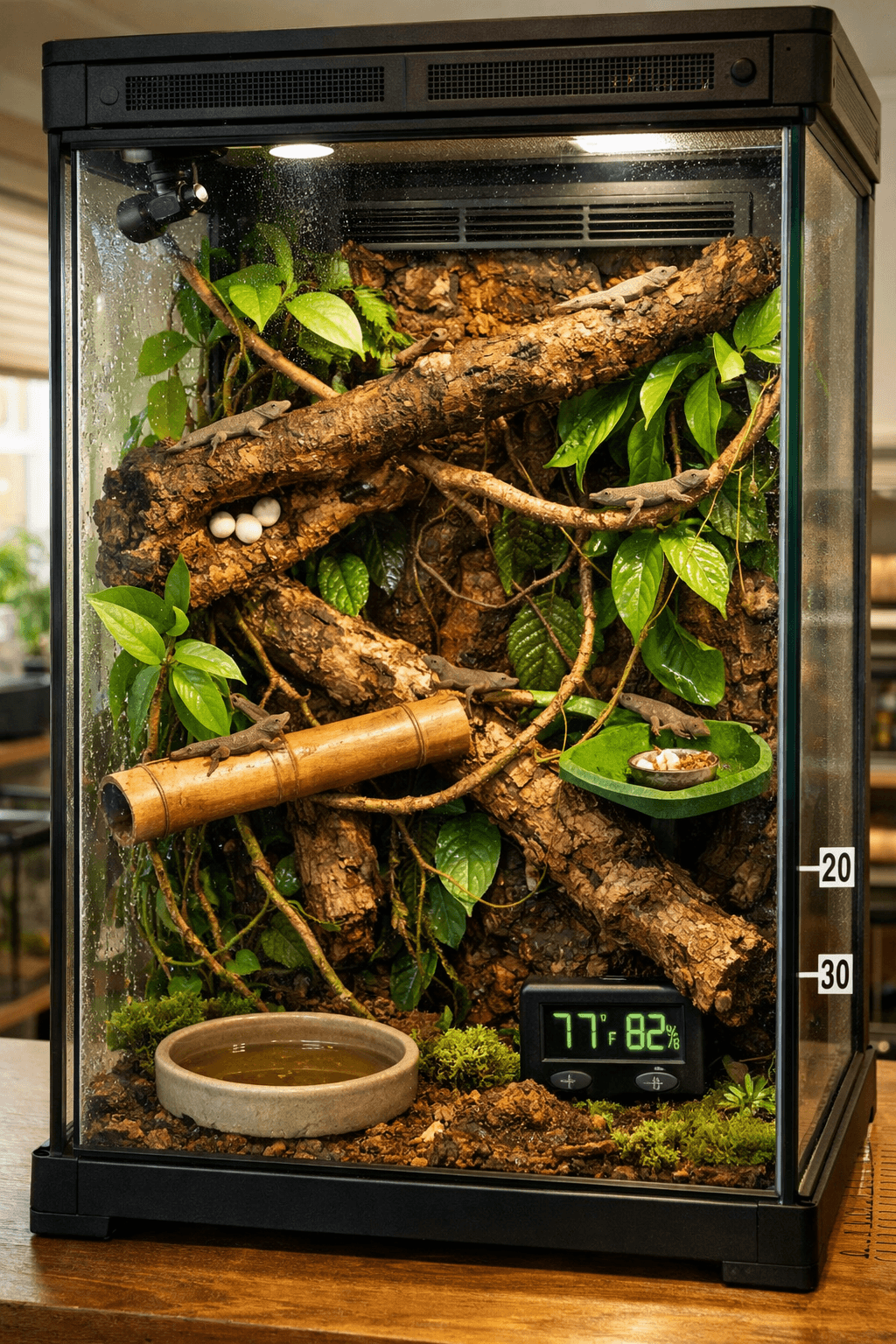 Vertical glass terrarium with mourning geckos climbing cork branches and vines among tropical foliage, water dish, and misting equipment.