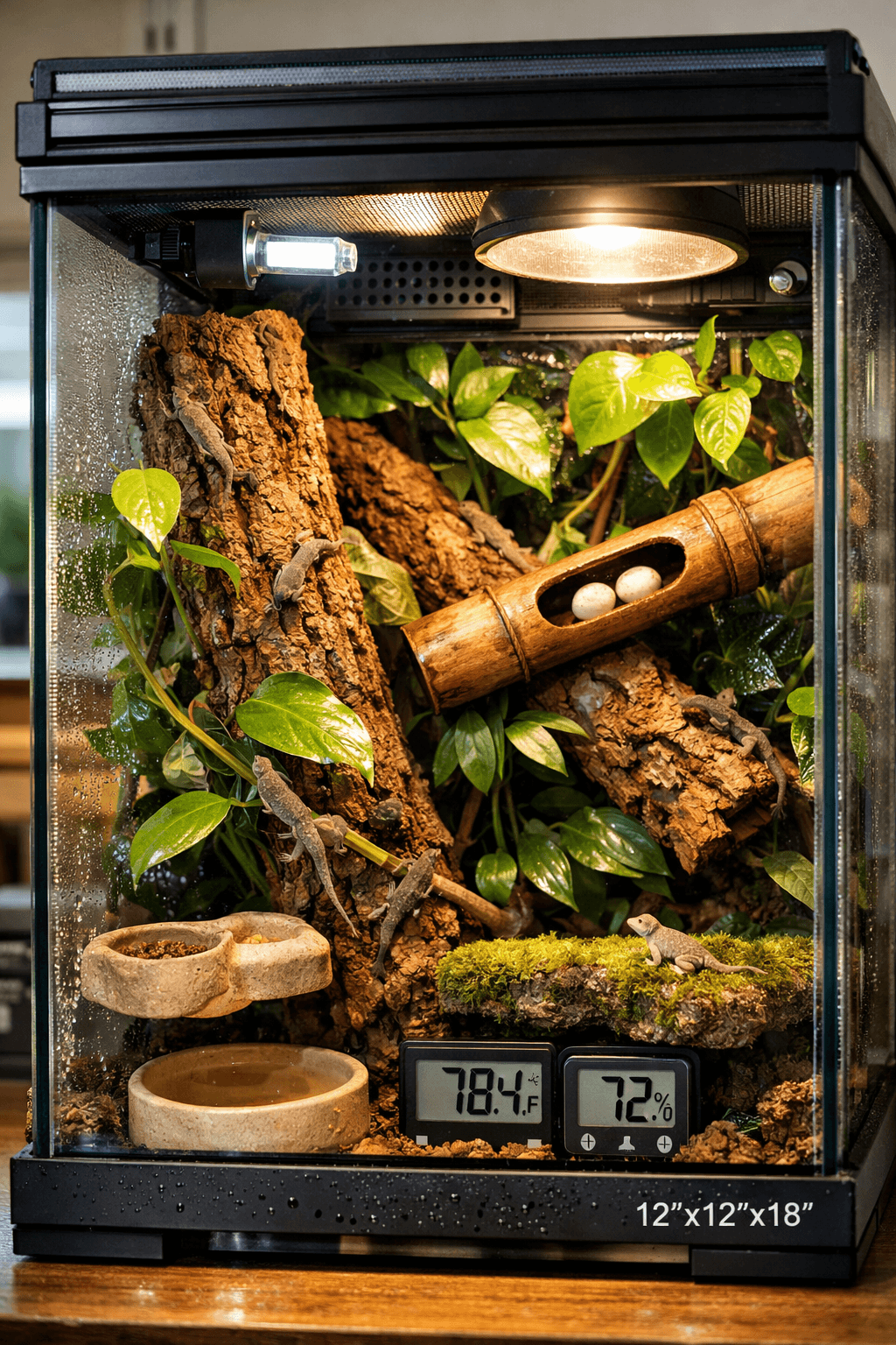 Bioactive terrarium with mourning geckos climbing cork branches and vines, UVB lighting, instruments, condensation, and bamboo eggs.