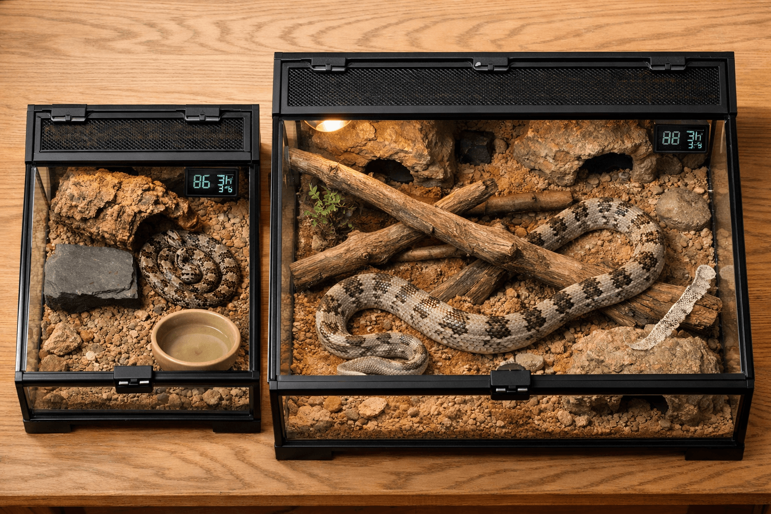 Overhead view of side-by-side juvenile and adult Texas rat snake terrariums with hides, branches, substrate, and water dishes.