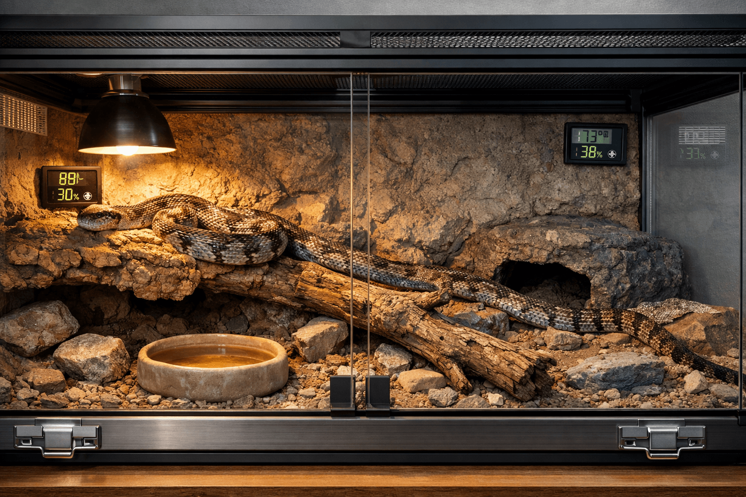 Texas rat snake basking on cork bark in a dry, secure terrarium with warm and cool habitat zones, hides, and gauges.