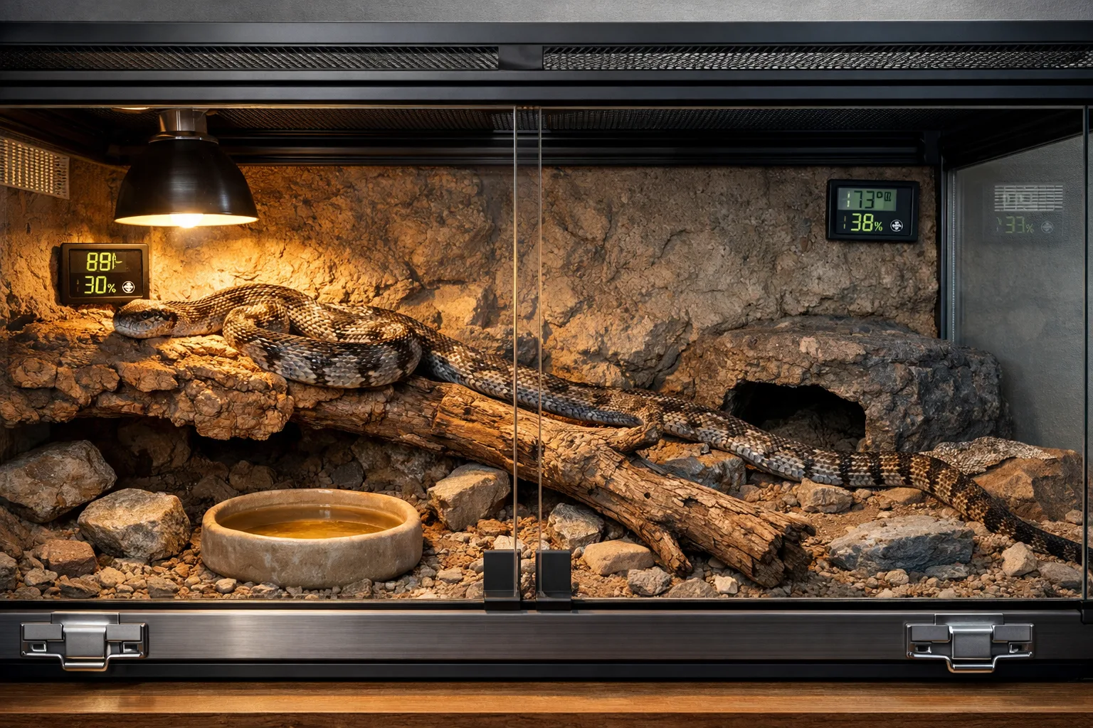 Texas rat snake basking on cork bark in a dry, secure terrarium with warm and cool habitat zones, hides, and gauges.