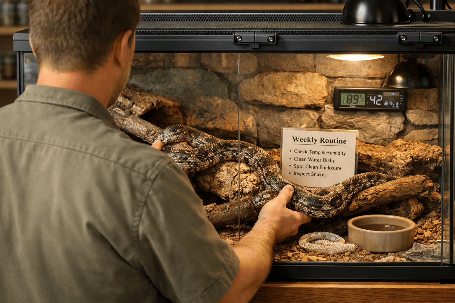 Keeper supports a texas rat snake at a glass terrarium with rocky habitat, cork branches, water dish, and care card.