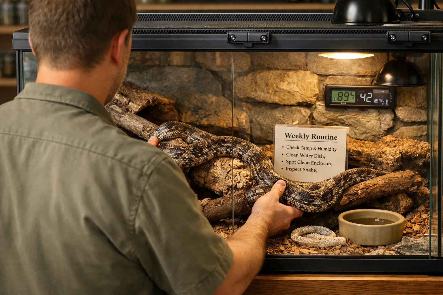 Keeper supports a texas rat snake at a glass terrarium with rocky habitat, cork branches, water dish, and care card.