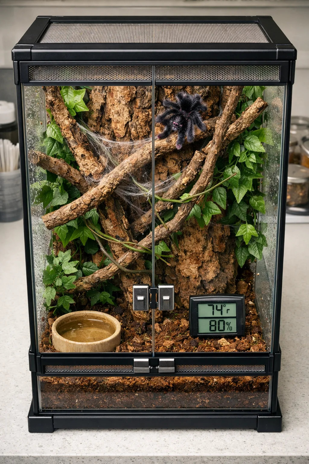 Overhead view of a secure glass terrarium housing a pink toed tarantula among cork bark, branches, vines, and foliage.
