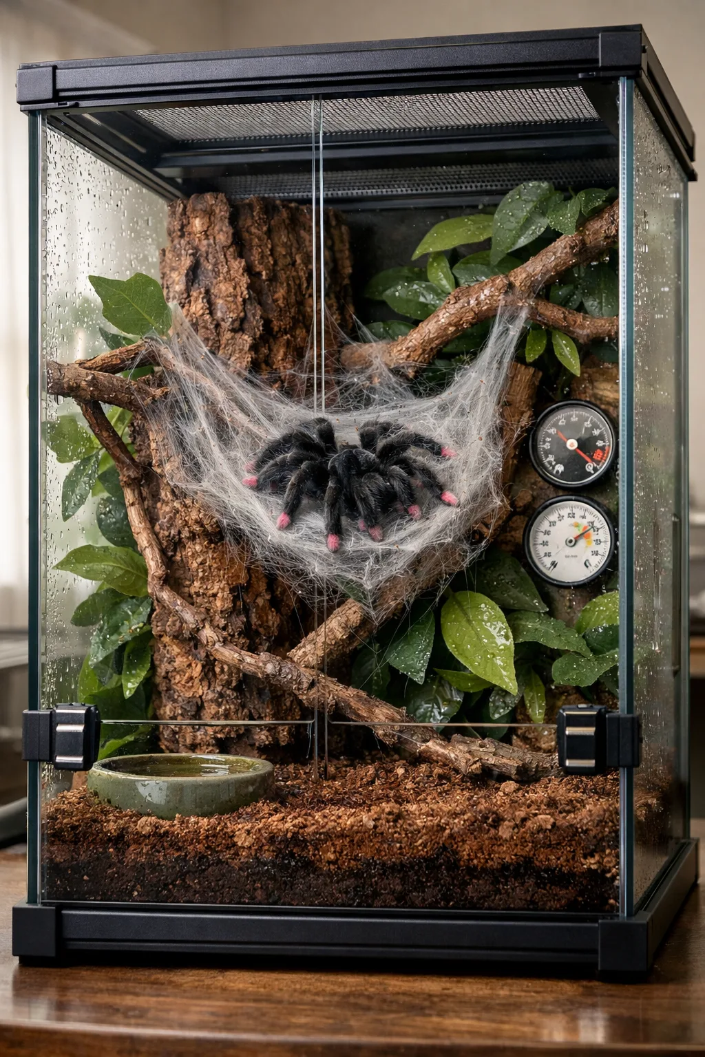 Pink toed tarantula resting in a web hammock inside a lush glass arboreal terrarium with cork bark, branches, and foliage.