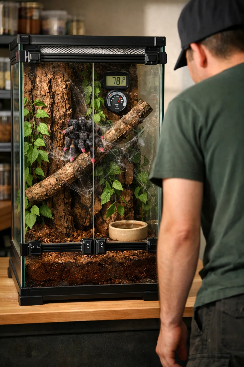 Pink toed tarantula perched on a branch in a secure terrarium as a keeper observes from outside.