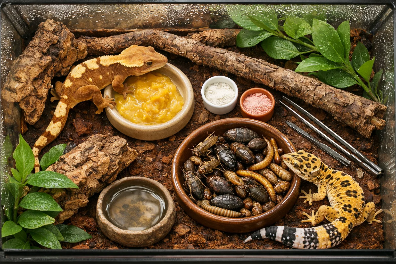 Overhead terrarium with crested and leopard geckos, fruit, insects, supplements, and care supplies—what does a gecko eat?