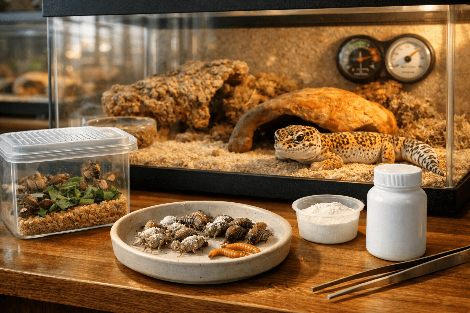 Leopard gecko beside a hide, with calcium-dusted insects, gut-loaded crickets, supplements, and feeding tools showing what does a gecko eat