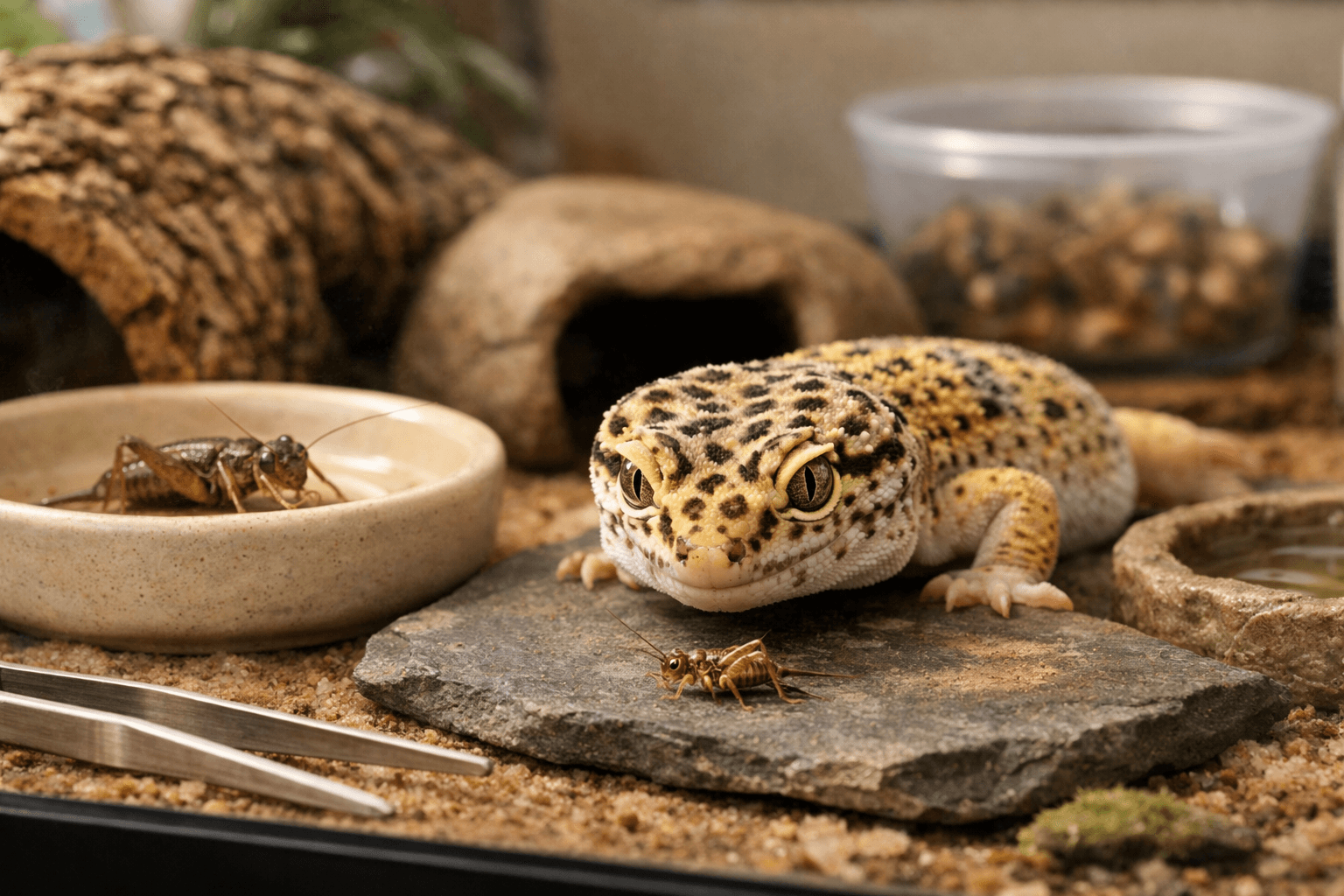 what does a gecko eat: leopard gecko watches a correctly sized cricket beside a larger one in a natural terrarium.
