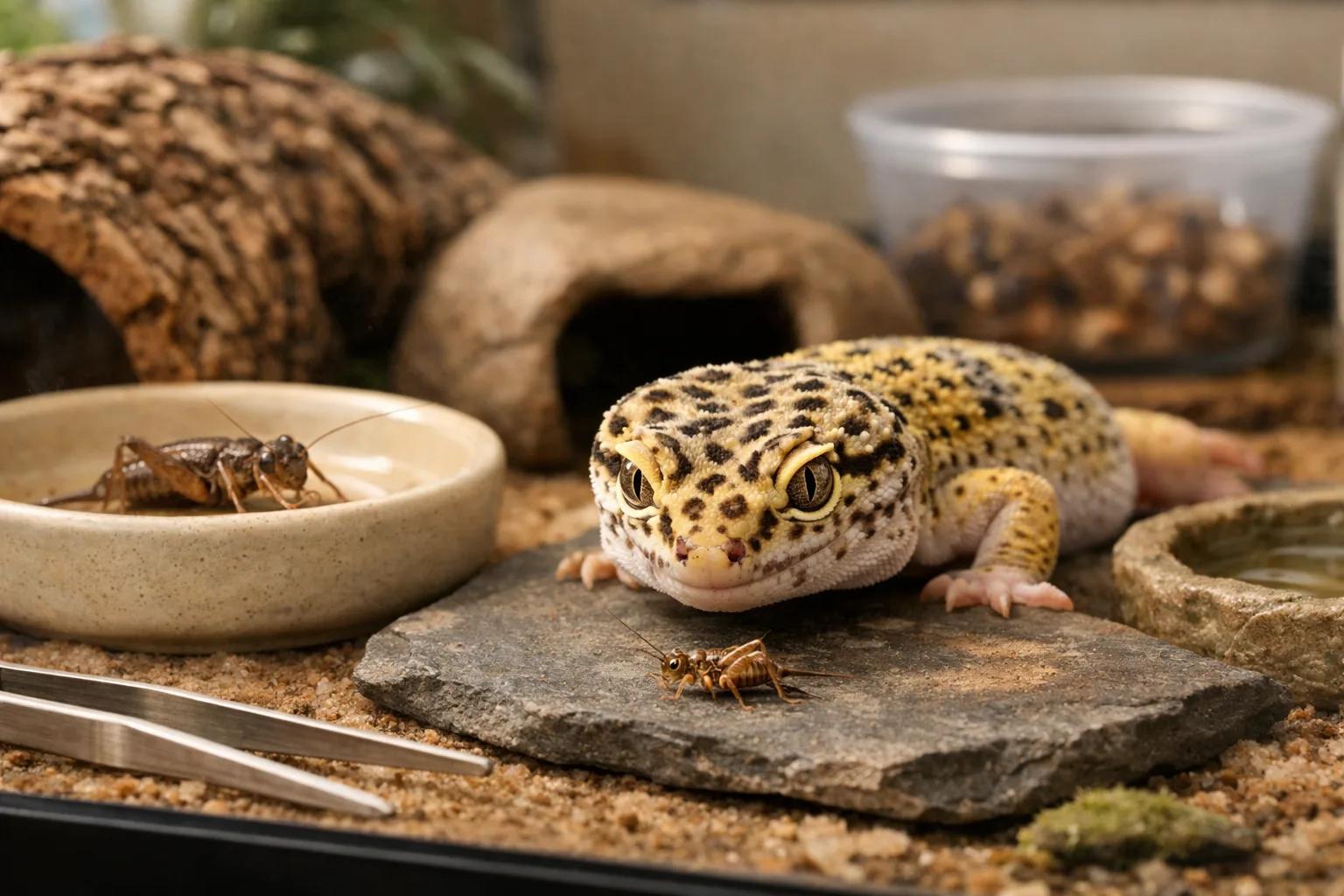 what does a gecko eat: leopard gecko watches a correctly sized cricket beside a larger one in a natural terrarium.