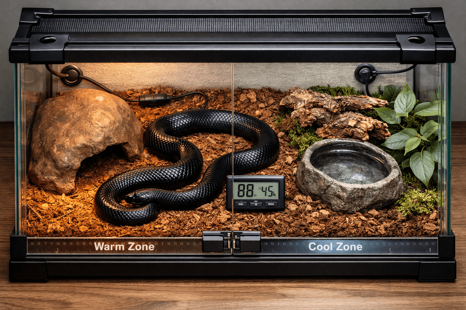 Overhead view of a mexican black kingsnake in a secure glass terrarium with warm and cool zones, foliage, hides, and monitoring equipment.