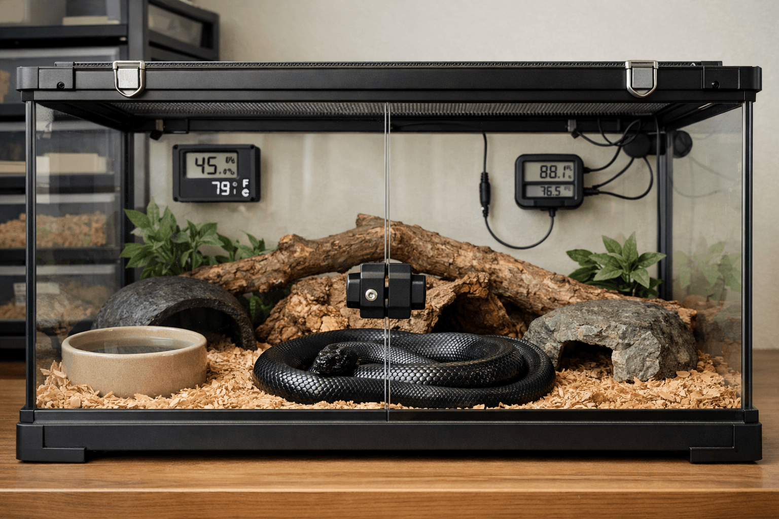 Mexican black kingsnake resting in a secure glass terrarium with dry substrate, hides, water dish, and monitoring equipment