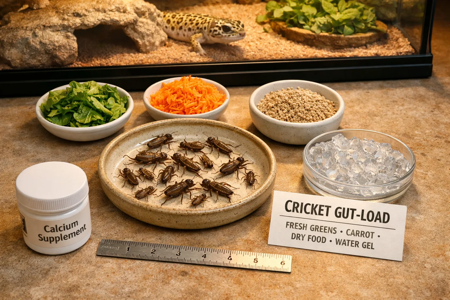 Overhead setup with crickets for lizards, gut-load foods, ruler, size card, and leopard gecko terrarium.