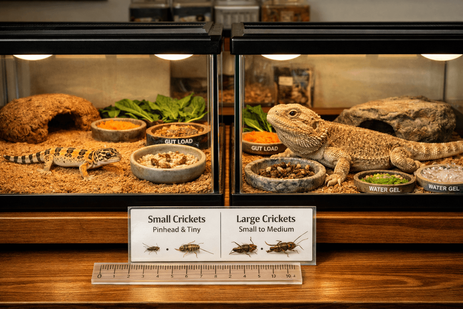 Side-by-side terrariums show a juvenile gecko and adult bearded dragon with size-appropriate crickets for lizards.