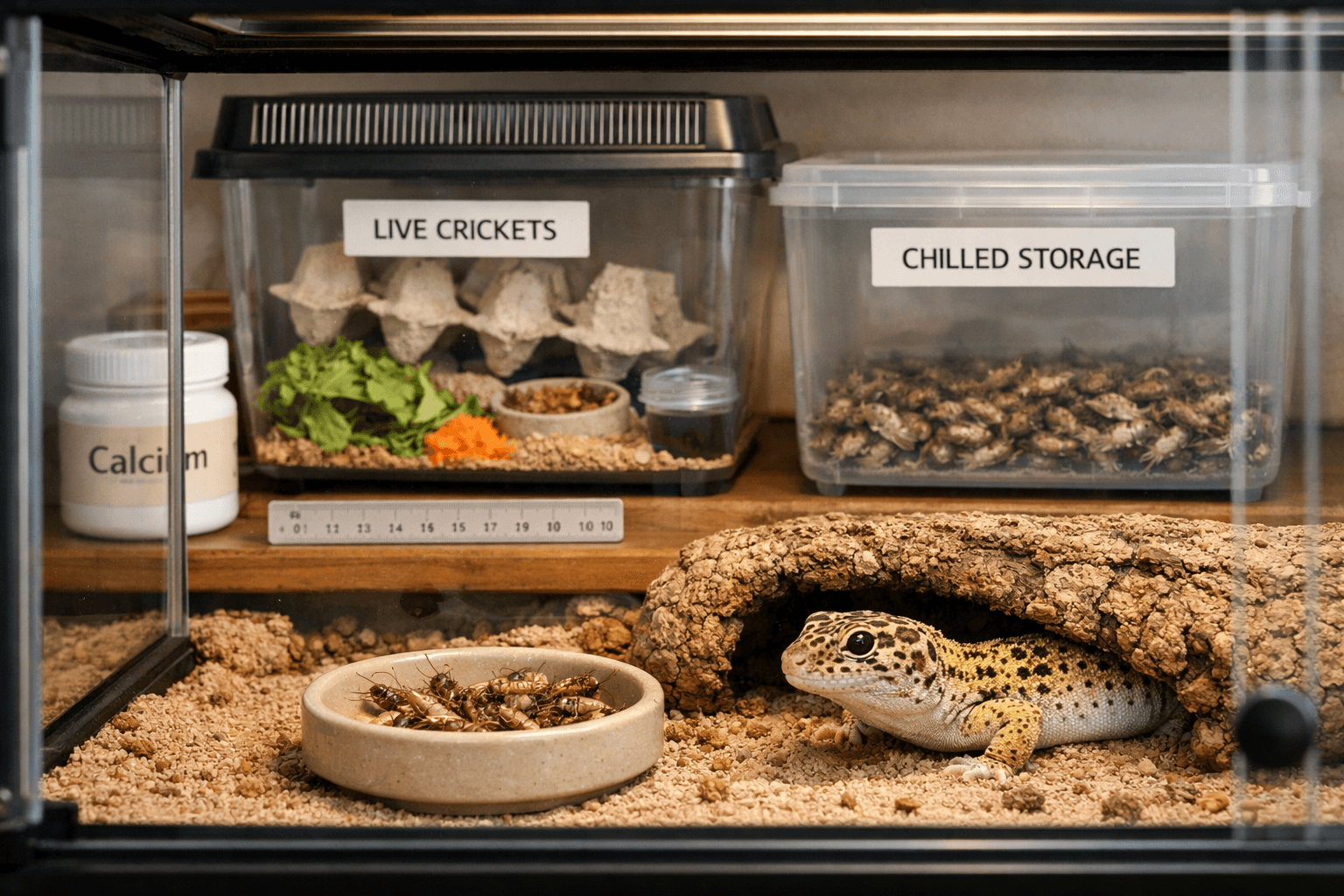 Leopard gecko beside live crickets for lizards, with labeled live and chilled feeder storage in a clean terrarium room.