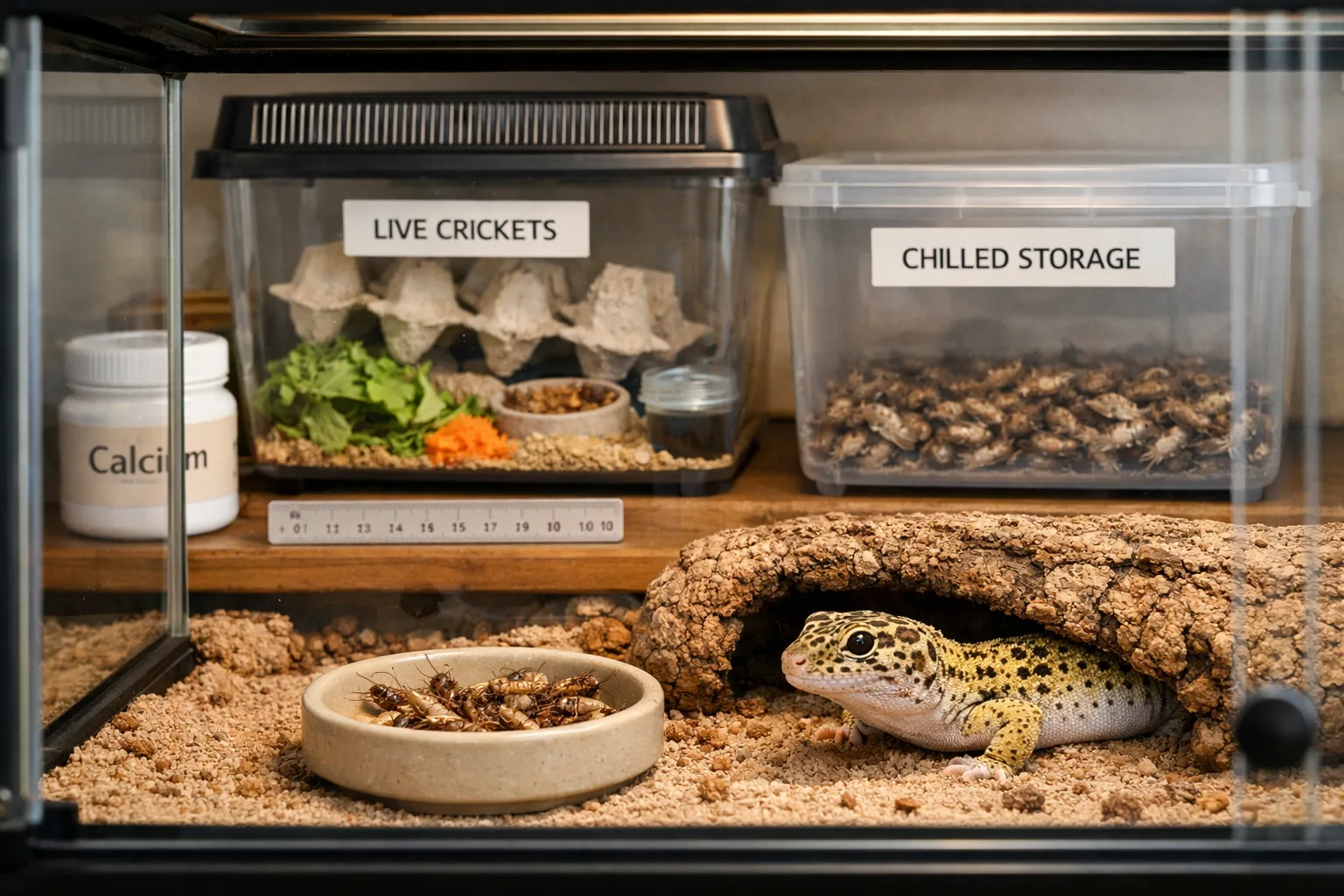 Leopard gecko beside live crickets for lizards, with labeled live and chilled feeder storage in a clean terrarium room.