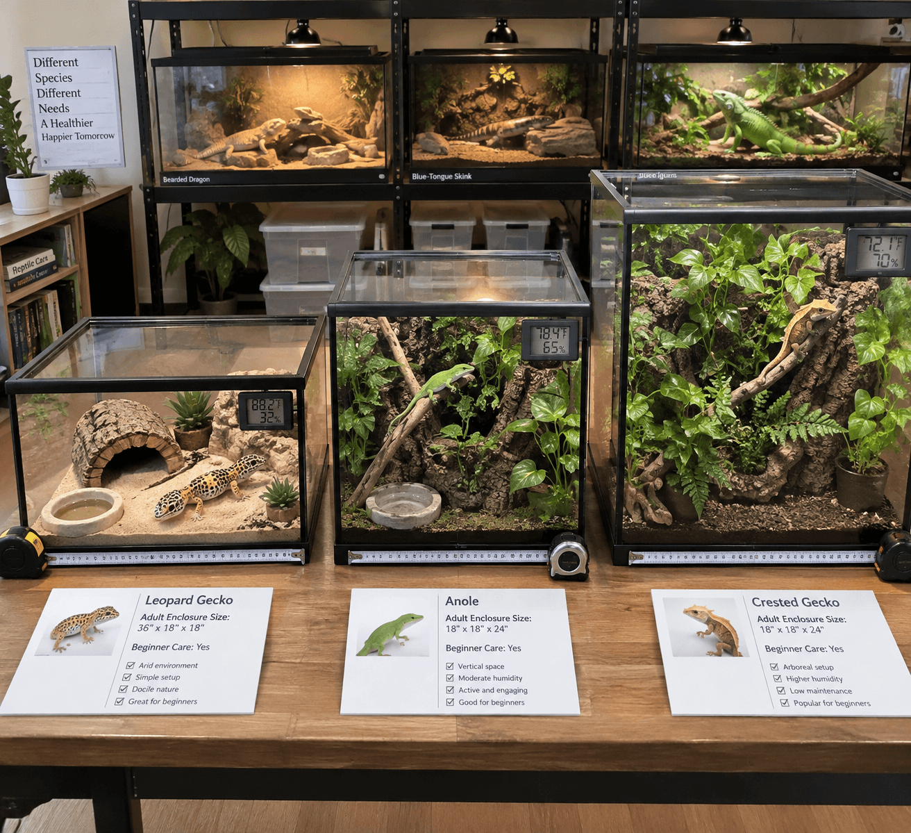 Overhead comparison of labeled lizard terrariums, measuring tools, and care cards highlighting breeds of lizards and enclosure sizes.