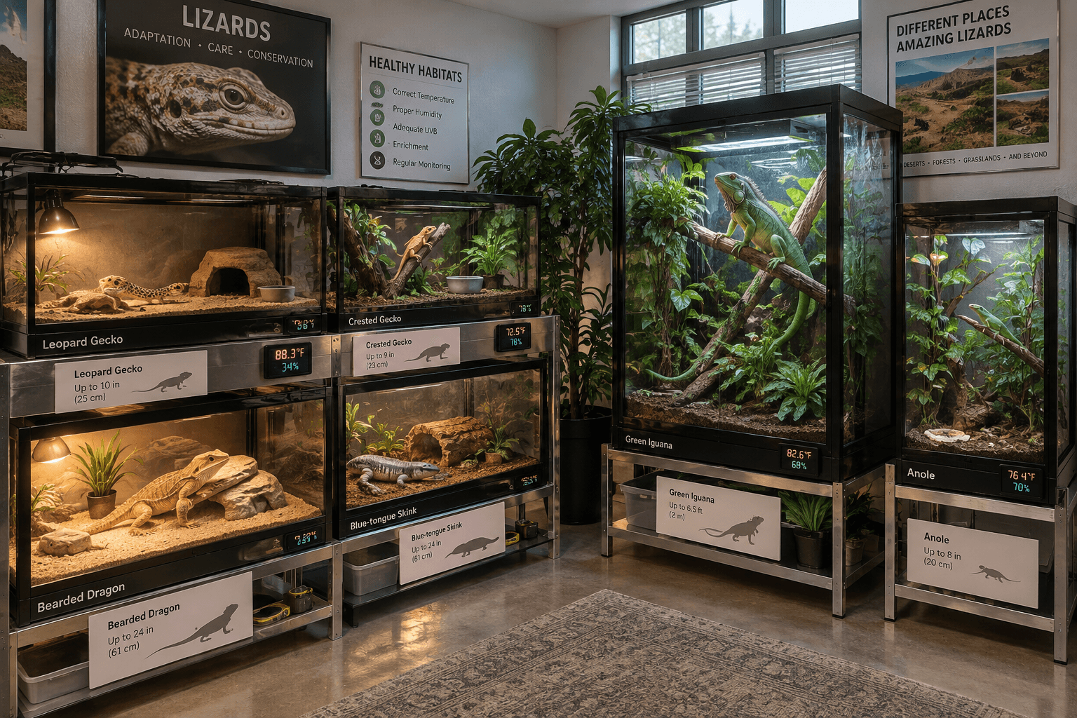 Six labeled terrariums display breeds of lizards in clean, species-appropriate habitats with heat lamps, plants, gauges, and care cards.