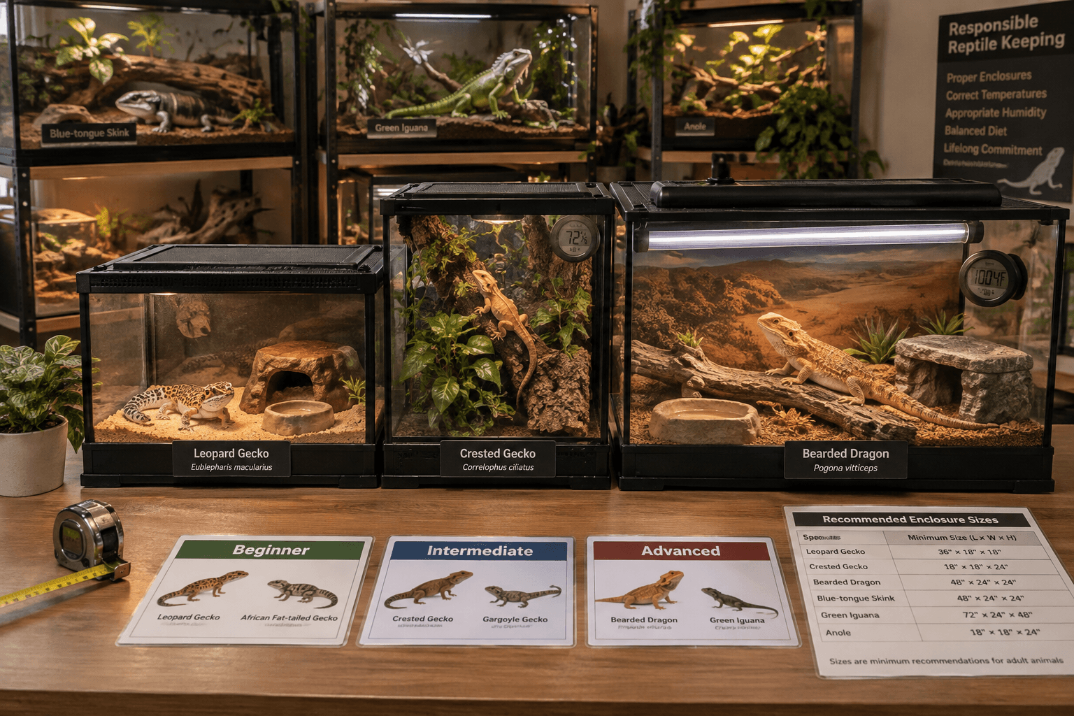 Breeds of lizards comparison station with labeled care cards and leopard gecko, crested gecko, and bearded dragon habitats.