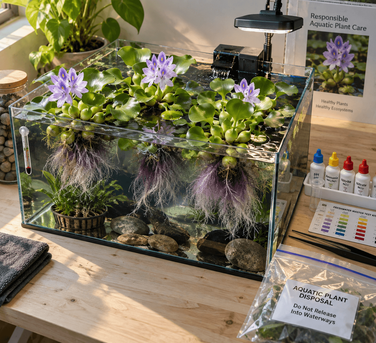 Overhead glass paludarium with flowering hyacinth water plant, visible roots, thermometer, aquarium light, and care supplies.