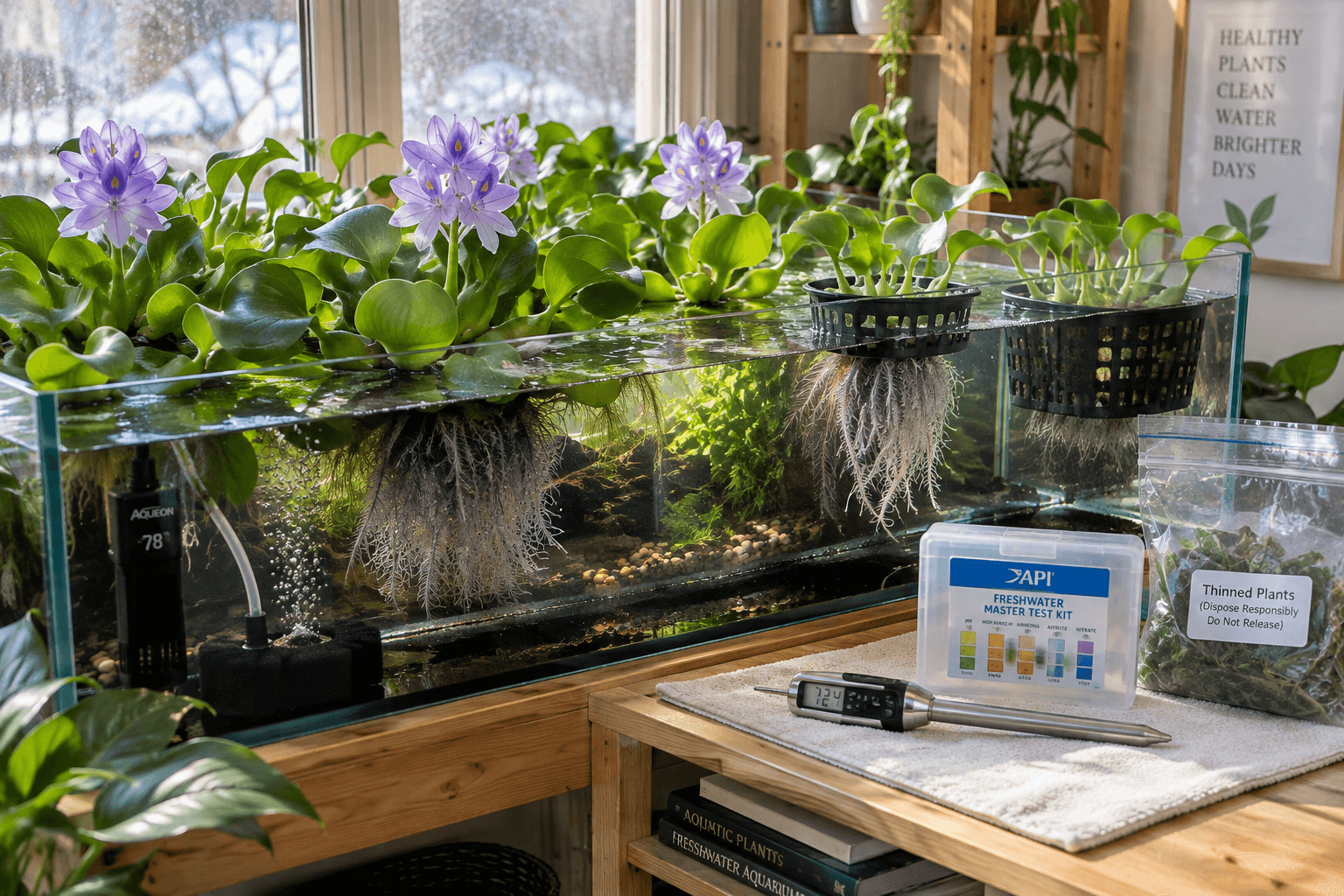 Indoor paludarium with flowering hyacinth water plant rosettes, visible roots, baskets, test kit, heater, and thermometer.