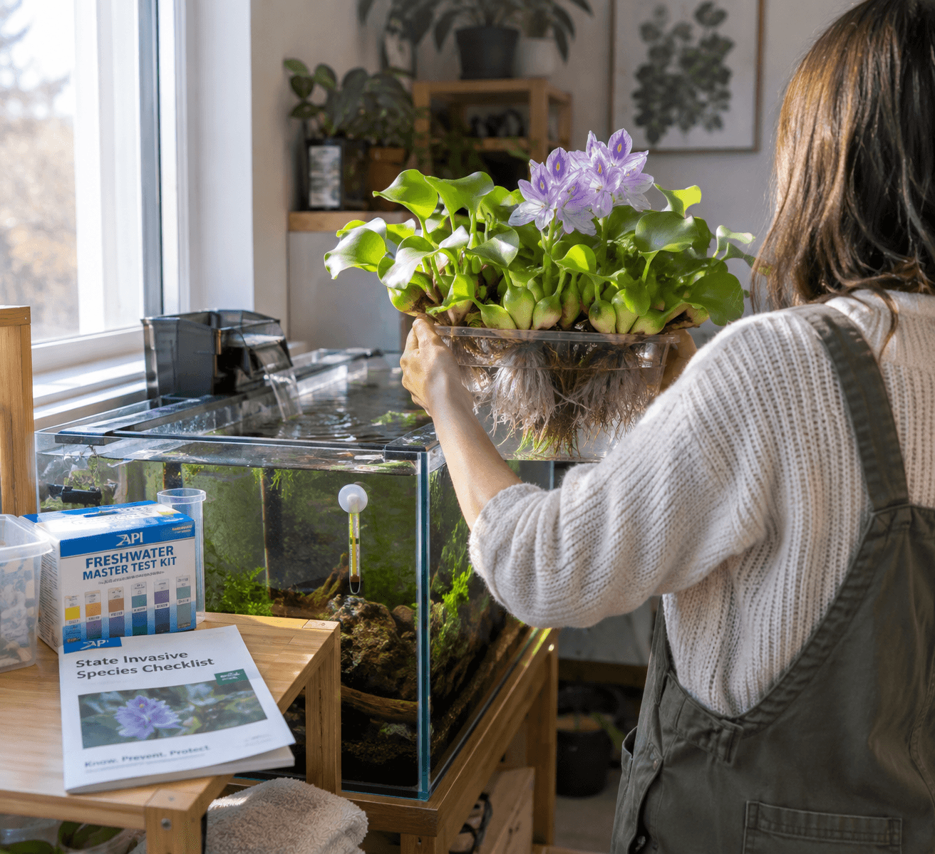 Gardener carries a hyacinth water plant basket toward a sunlit aquarium, with lavender blooms, roots, test kit, and checklist visible.