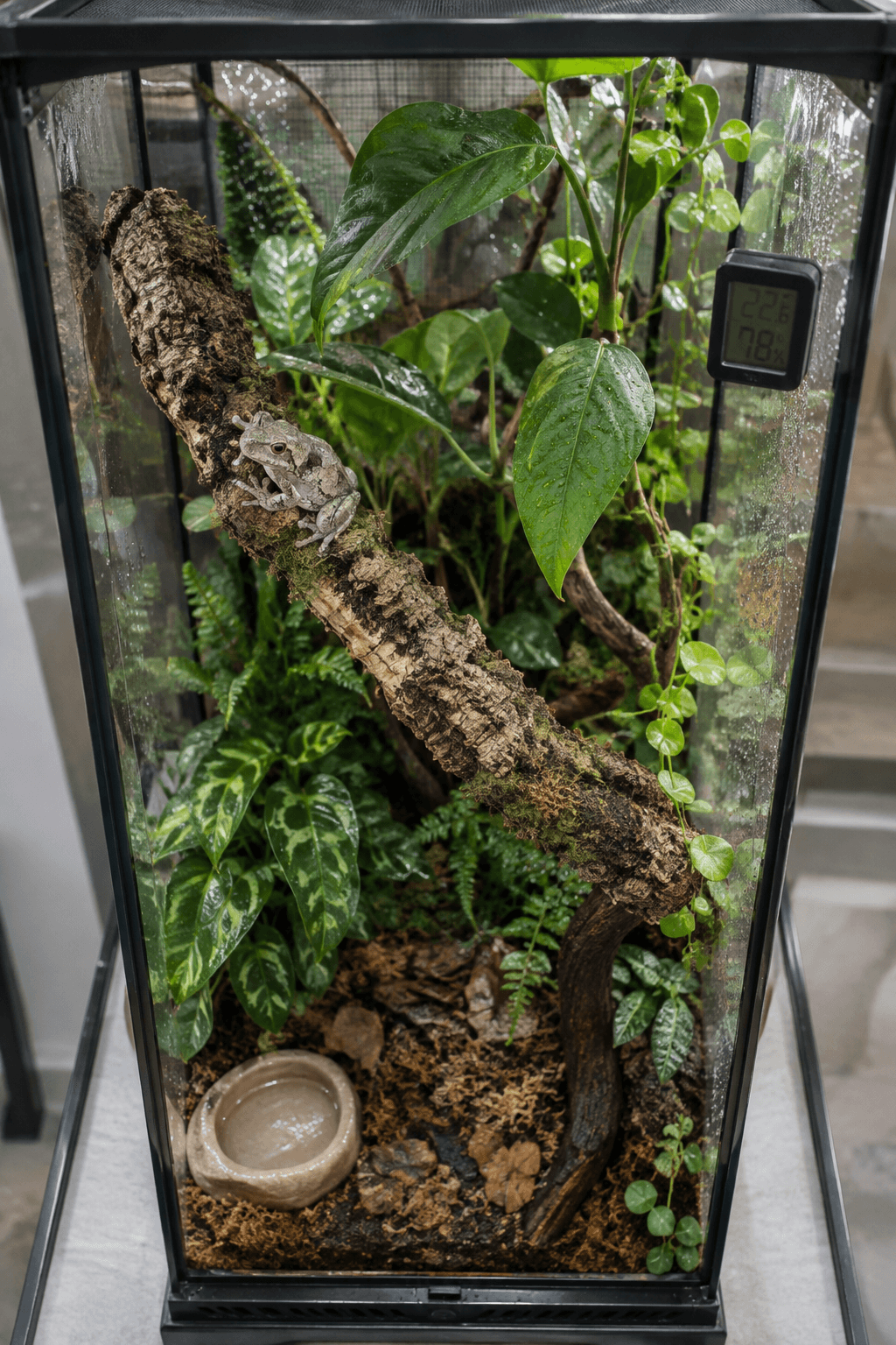 Overhead view of a tall terrarium with gray frogs, cork branches, lush leaves, moist substrate, water dish, and gauges.