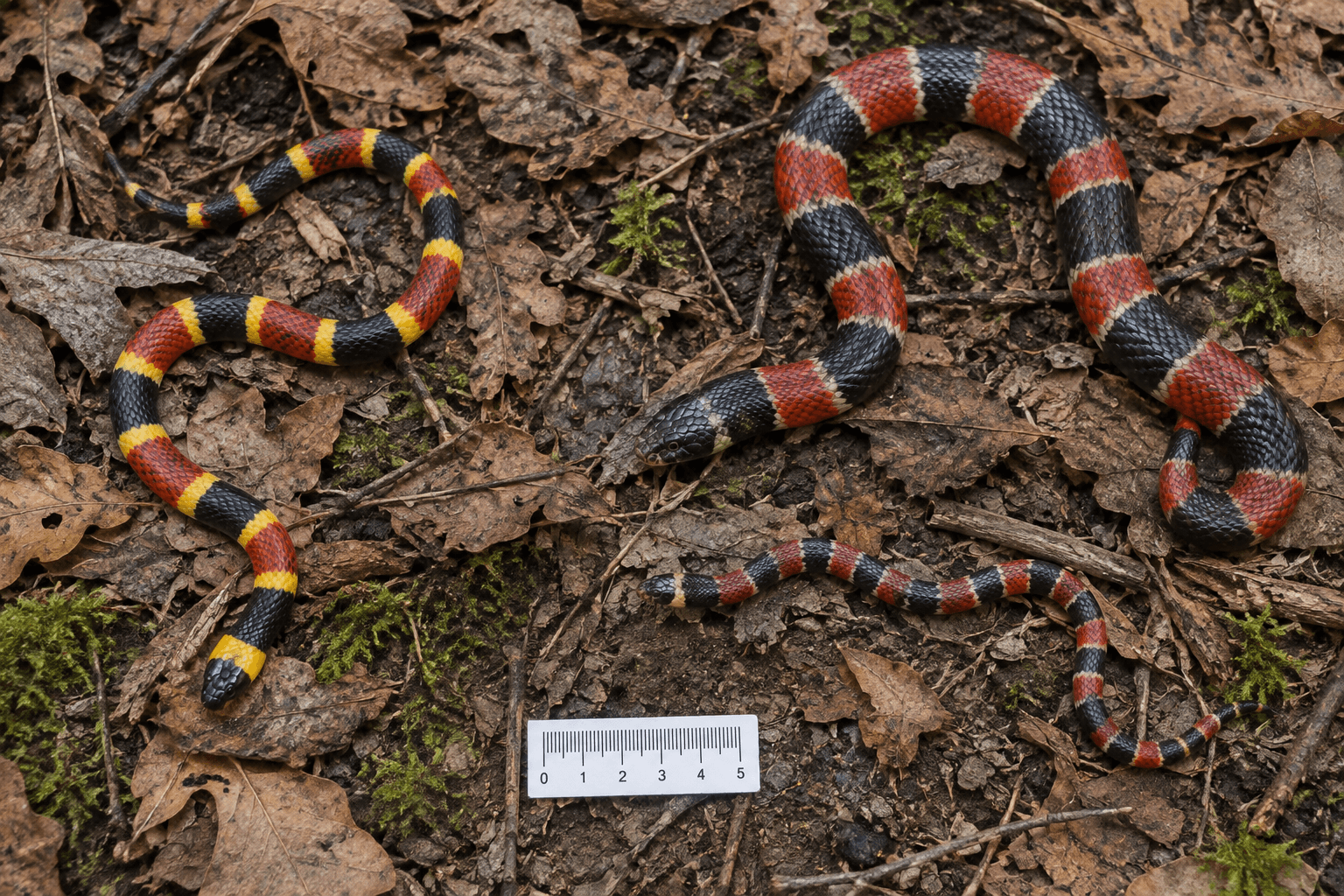 Overhead comparison of a coral snake and two kingsnakes on woodland leaves, with a metric scale; coral snake vs king snake.