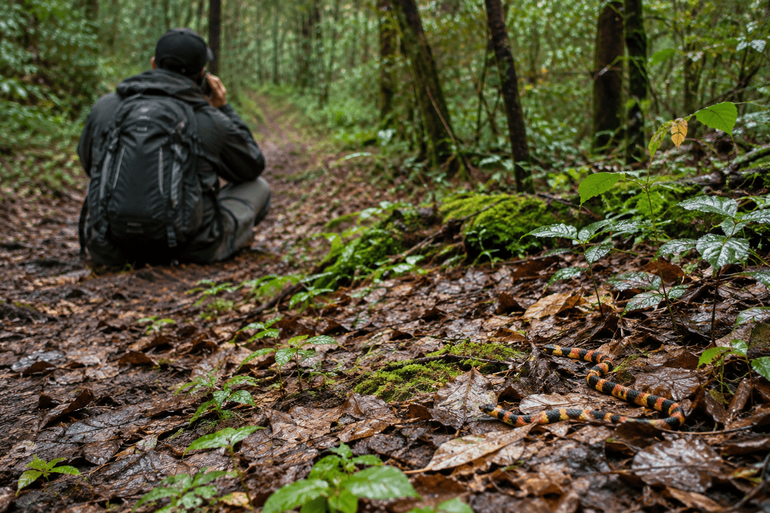 Back-view hiker calls for help while staying still near a coral snake in woodland; coral snake vs king snake identification scene.