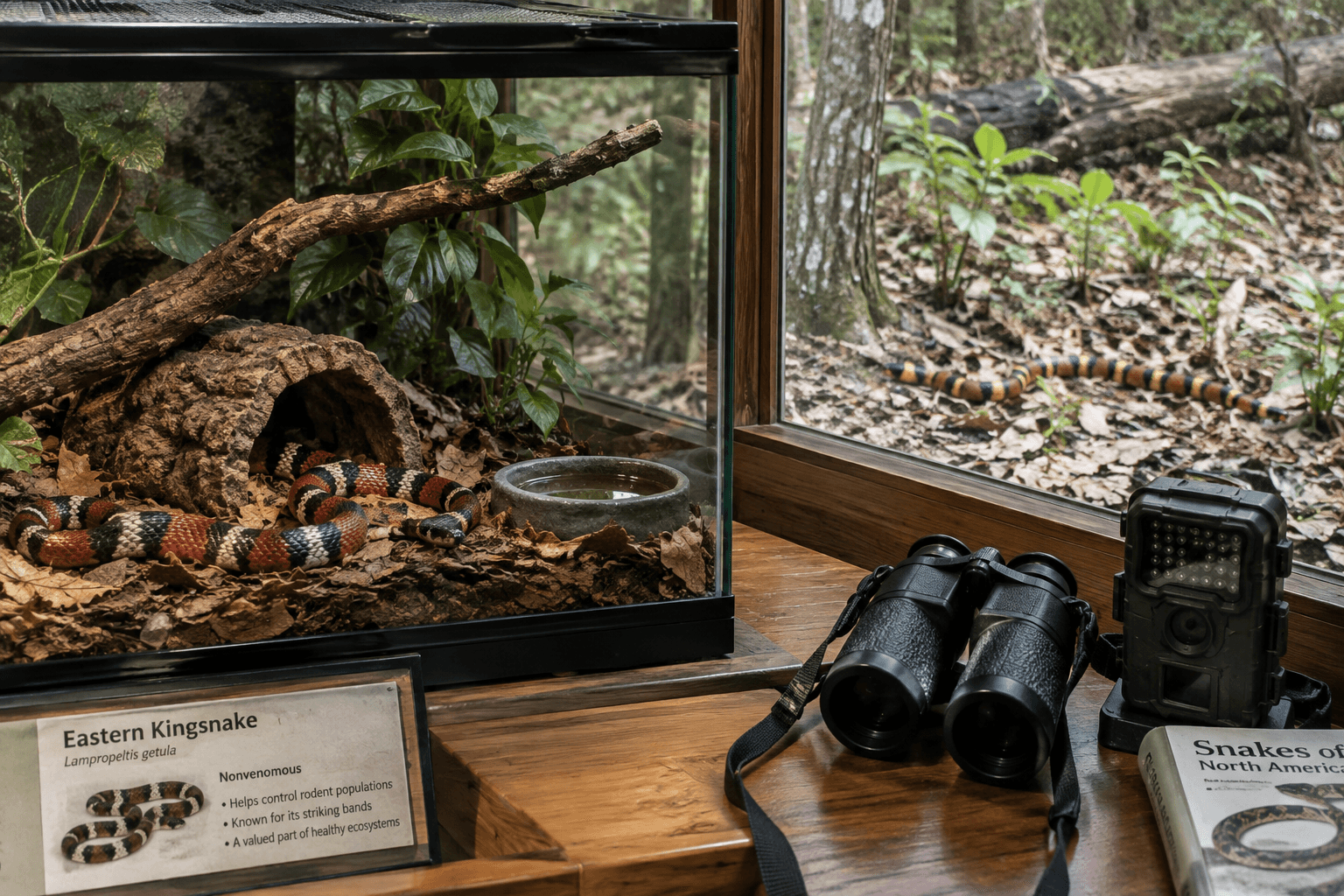Coral snake vs king snake: kingsnake rests in a secure terrarium as a coral snake moves undisturbed outdoors beyond a window.
