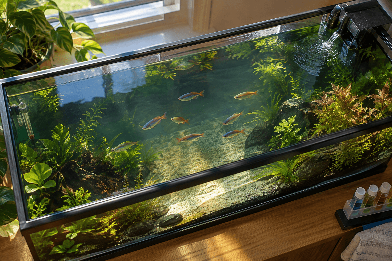 Bird’s-eye view of eight colorful rainbow fish swimming through a spacious planted aquarium with a clear central lane.
