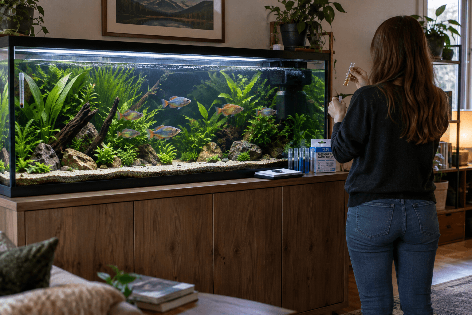 Rainbow fish swim through a planted aquarium as an aquarist checks a water sample beside the wood-grain cabinet.