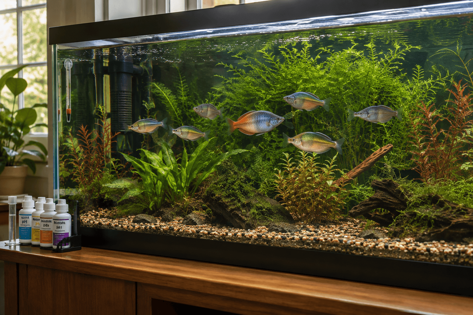 Eight colorful rainbow fish swim in a clear home aquarium beside aquatic plants, with a filter, thermometer, and water test kit nearby.