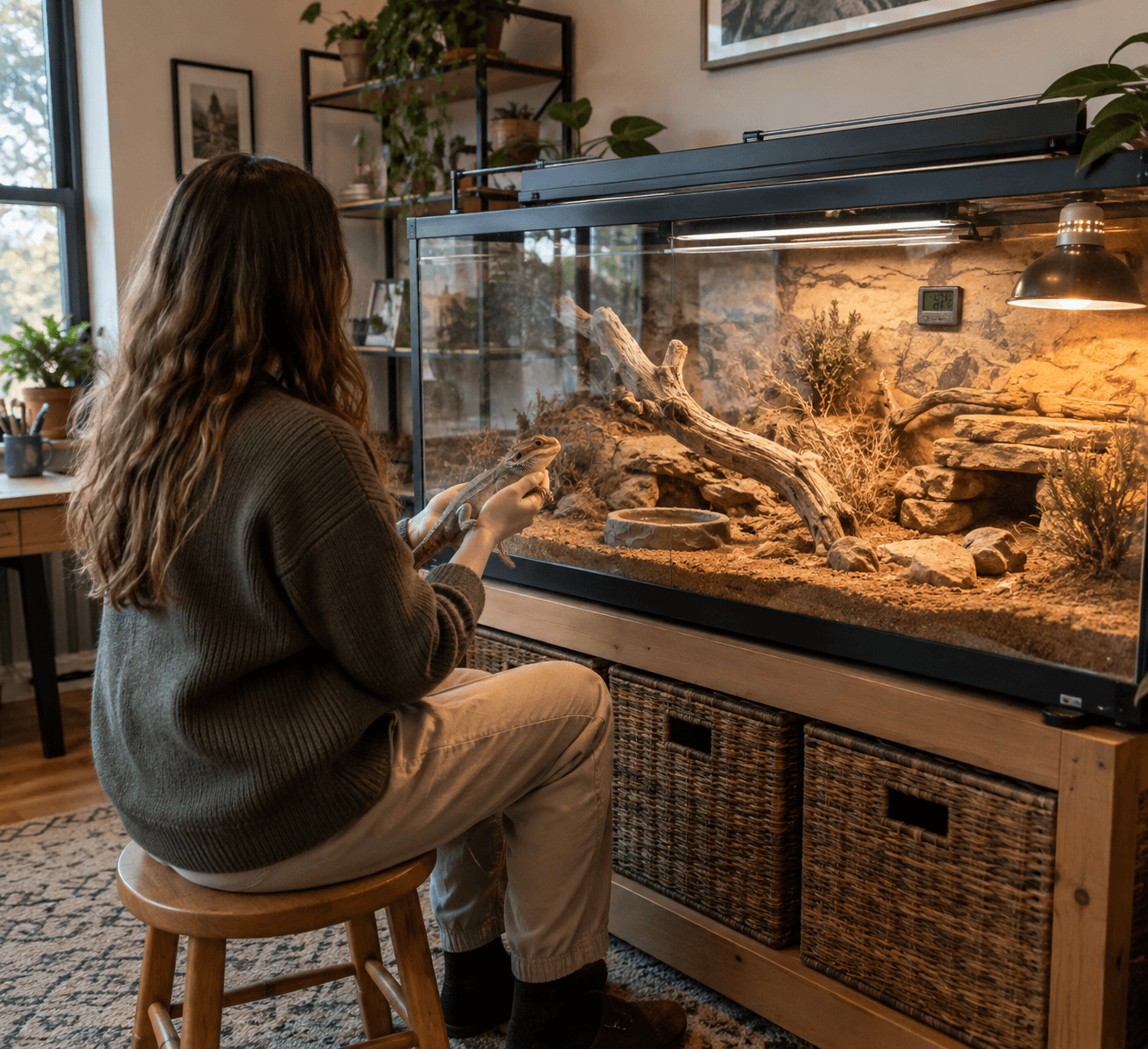 Keeper gently supports an alert hooded lizard beside a glass terrarium with basking lamp, UVB light, and arid habitat.