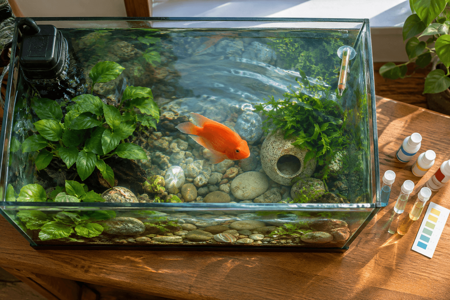 Overhead view of an orange parrot fish in a planted aquarium beside water-test vials and bottles on an oak surface.