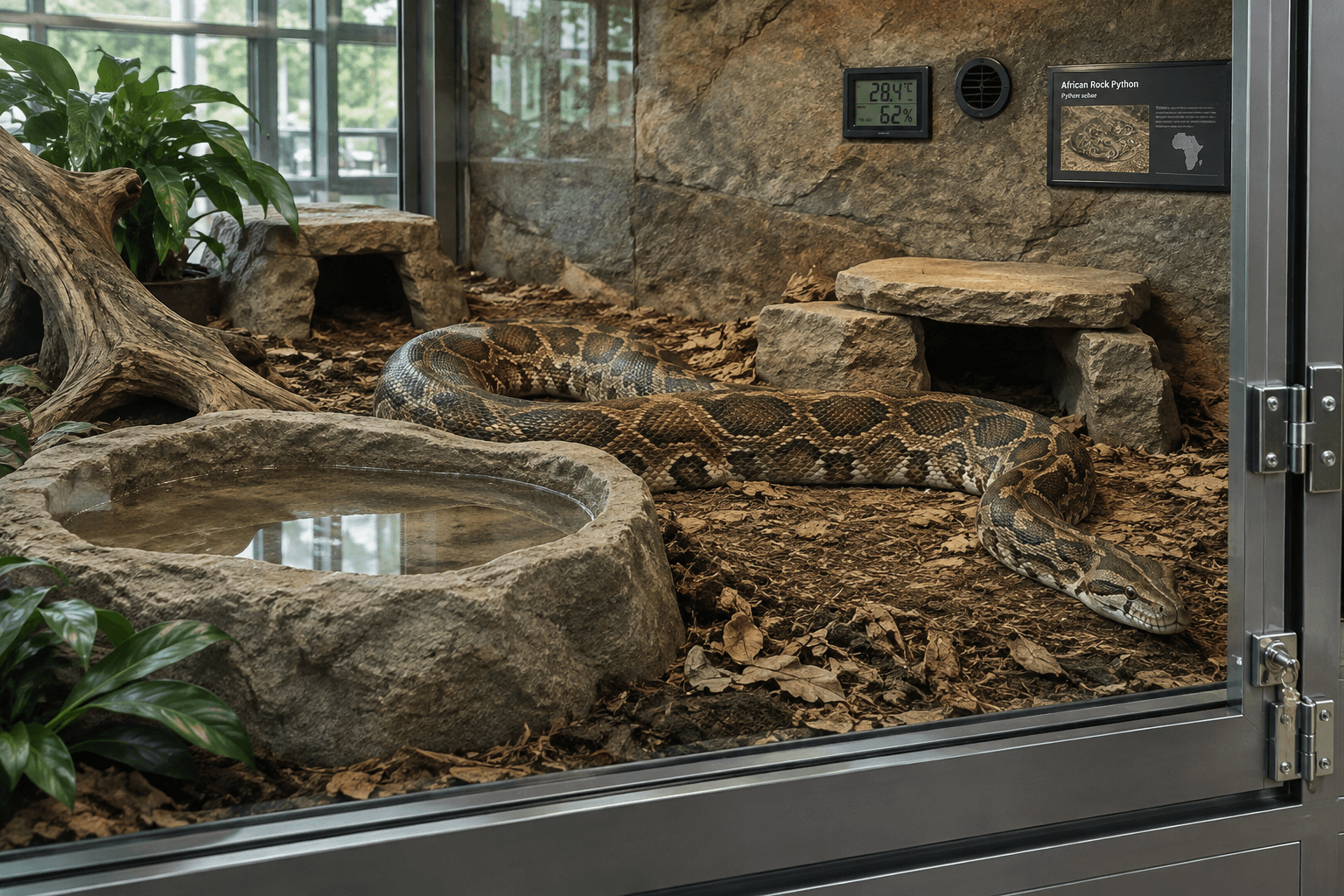 African rock python resting in a secure indoor enclosure with a water basin, natural substrate, hides, and visible safety hardware.