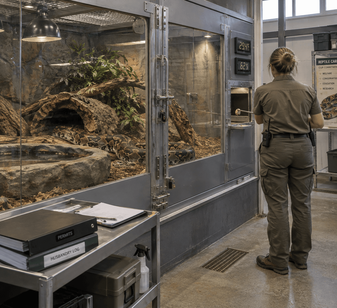 Keeper safely feeds an african rock python through a hatch in a secure, well-equipped reptile enclosure.