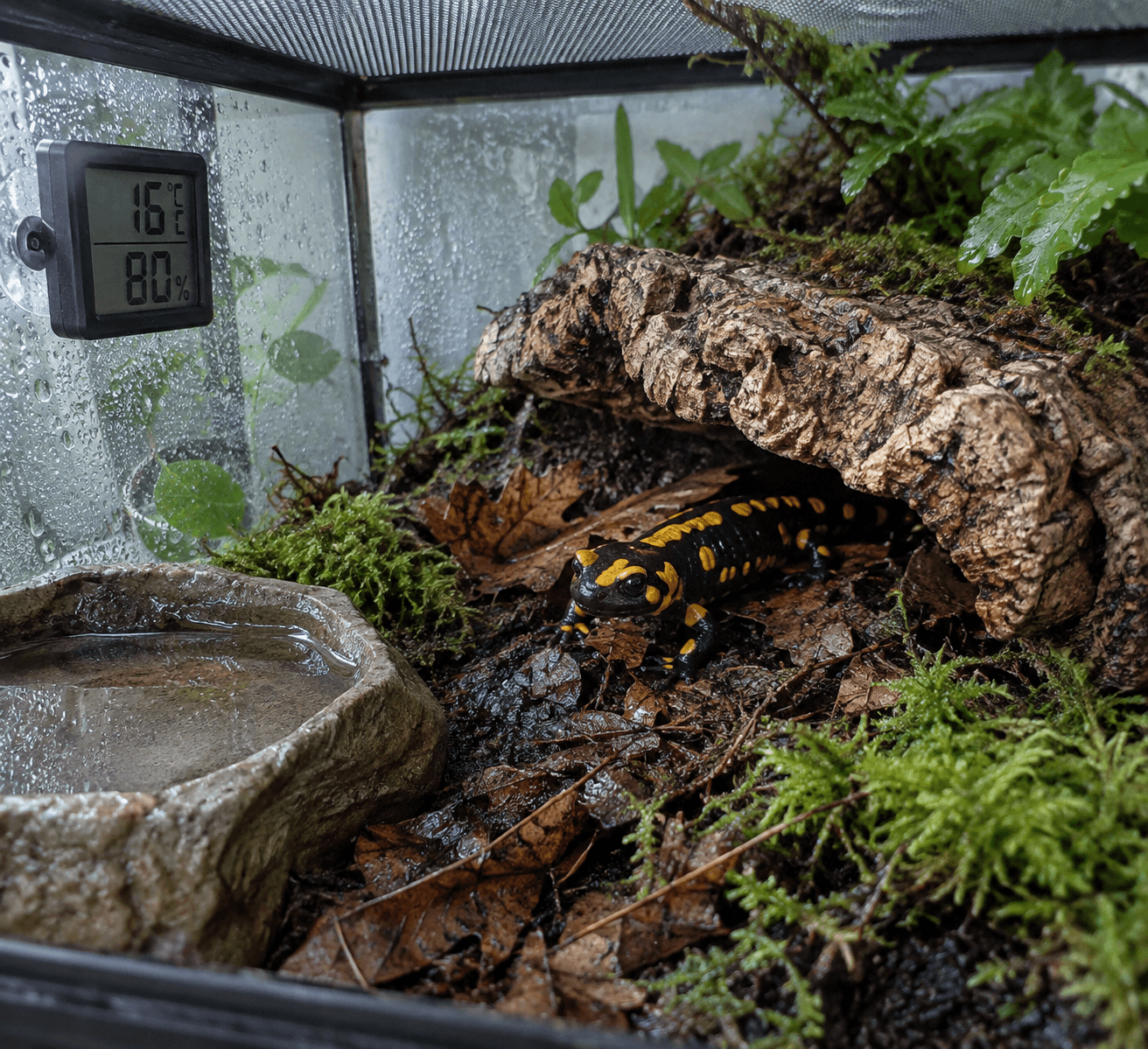 Fire salamander rests beneath cork bark in a humid terrarium, beside a gauge reading 16°C and 80% humidity.