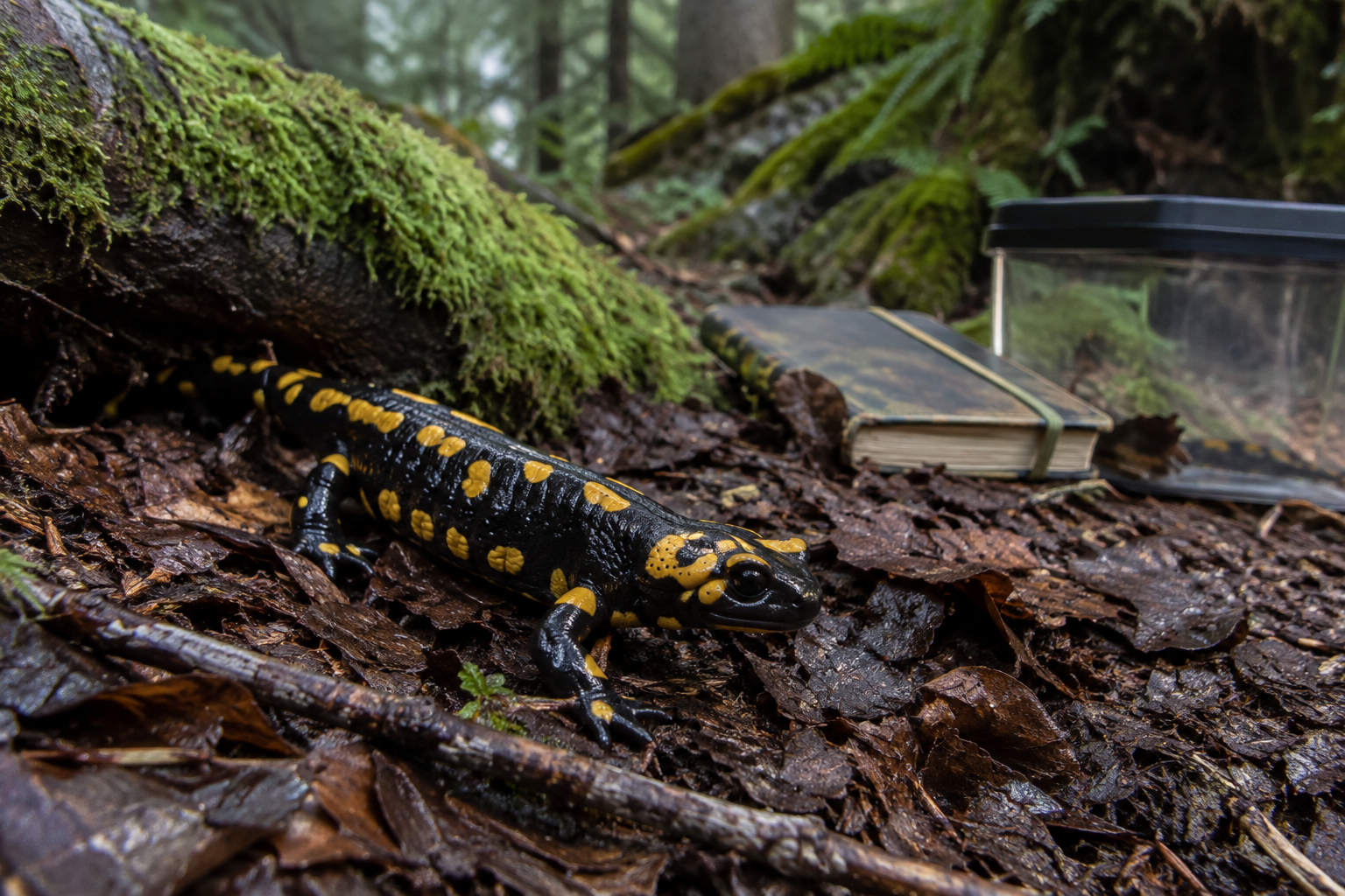 A fire salamander crawls across rain-wet leaves beside a mossy log in a softly blurred woodland.