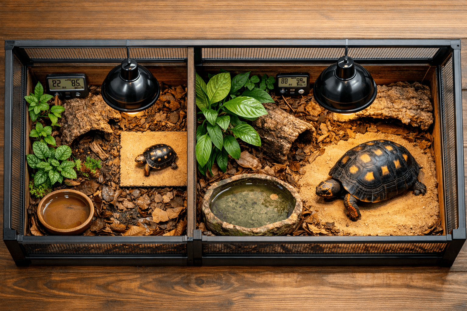 Side-by-side hatchling and adult red footed tortoise habitats with plants, shelters, water dishes, gauges, and basking areas.