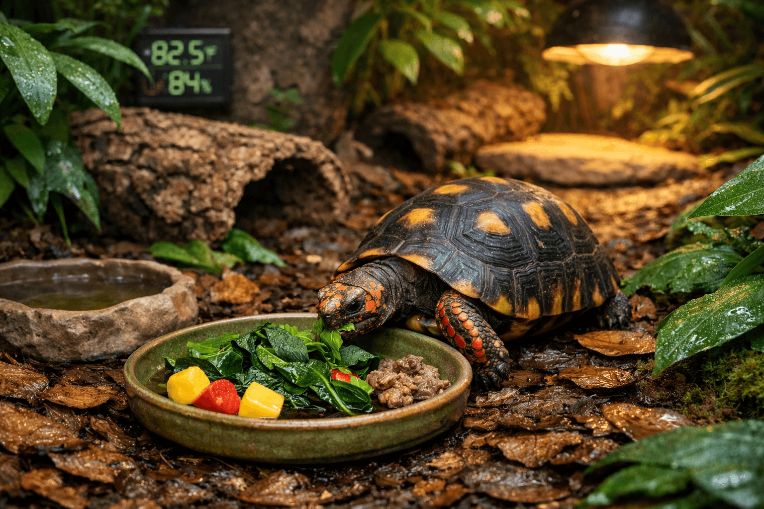 Red footed tortoise eating leafy greens in a humid forest enclosure with plants, water dish, and basking lamp.