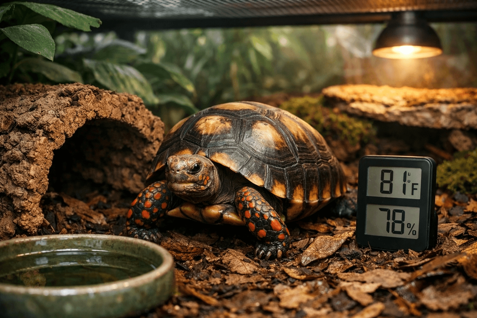 Red footed tortoise emerging from leaf litter beside a cork bark hide in a planted enclosure with gauges and water dish
