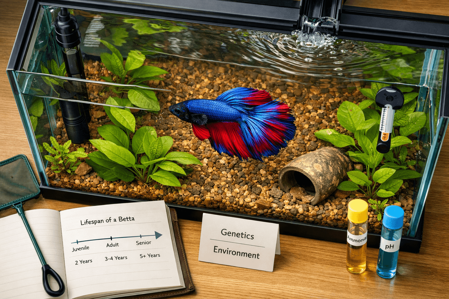 Overhead view of a blue-red betta in a planted aquarium with care supplies illustrating how long does a betta live.